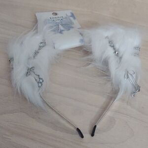 Cosmic Aura Fashion White Furry Ear Headband Silver Jewelry Accents
